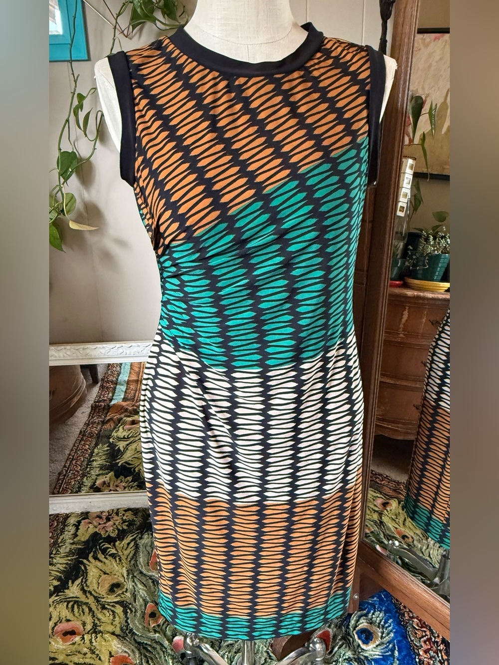 Julian Taylor Fit & Flare Dress Black Geometric Teal, Rust Cream, Size 14